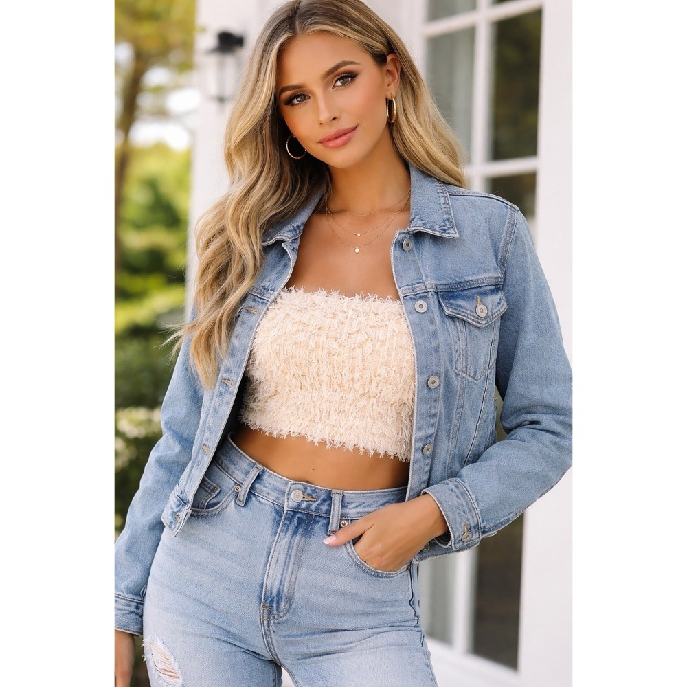 Idem Ditto Strapless Feather Fringe Crop Top Cream Textured Tube Size M - Picture 3 of 5